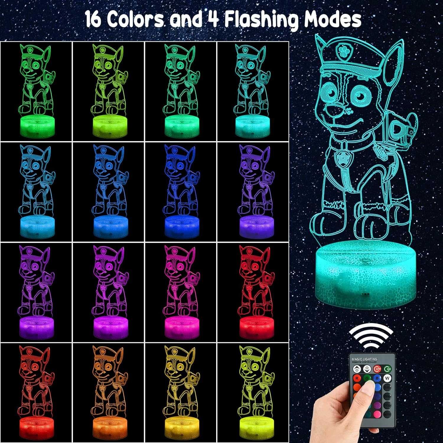 3D LED Paw Patrol илюзионна лампа, 3 плаки, 16 променящи се цвята