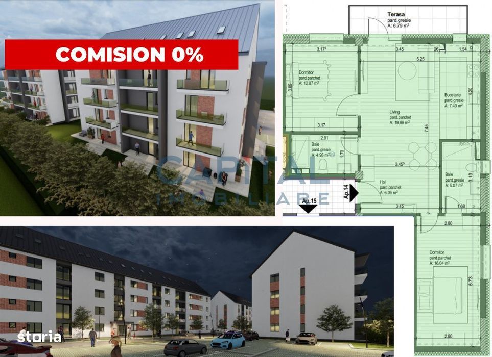 Apartament de vanzare, 3 camere, etaj 2, 93mpc, bloc nou, comision 0%
