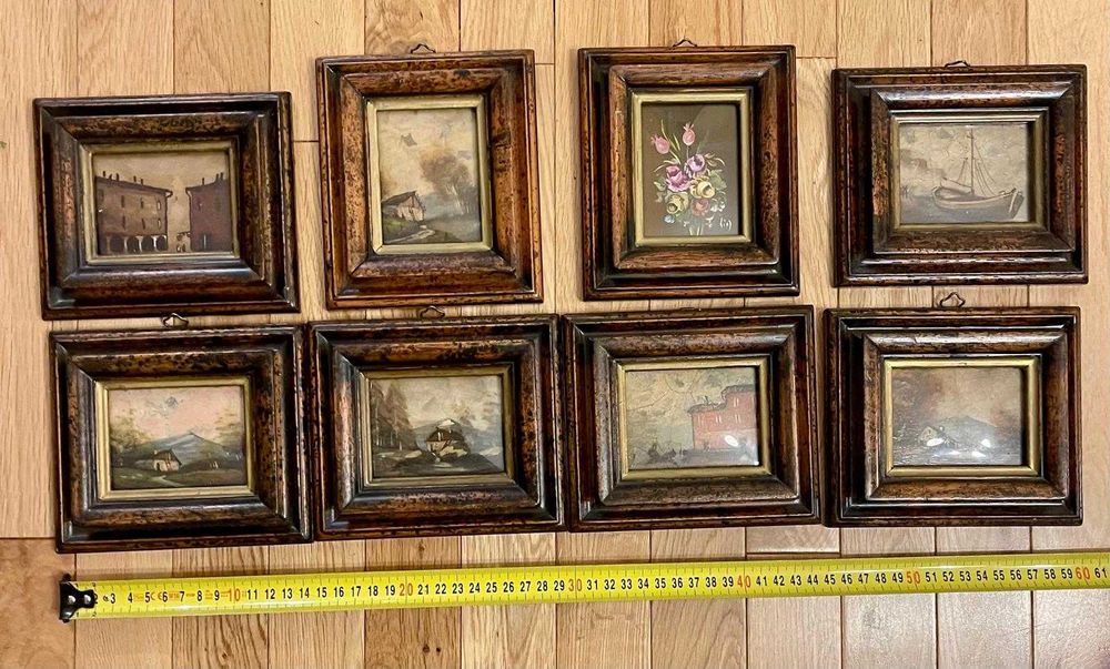 Set 8 tablouri vechi în rame din lemn masivpicturi miniaturale în ulei