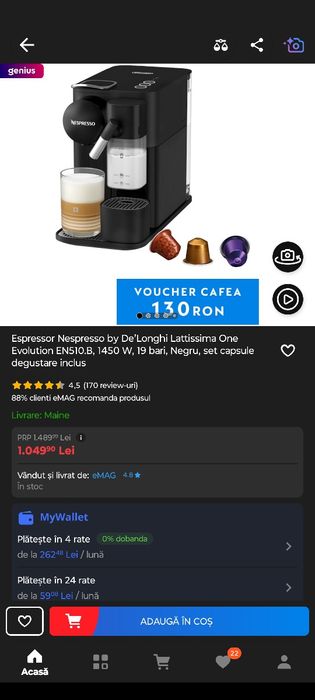 Espressor capsule Nespresso DeLonghi Latissima