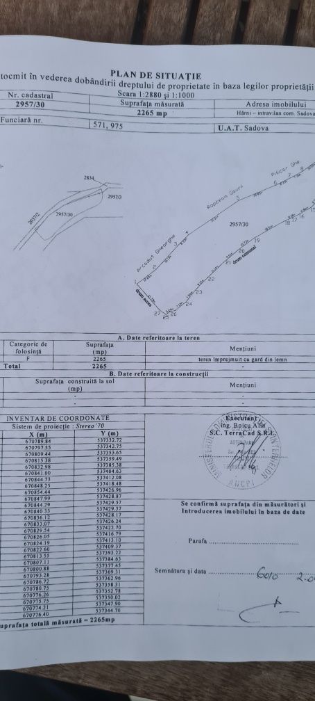Teren intravilan situat în Com.Sadova jud.Suceava Suprafață 2265 mp