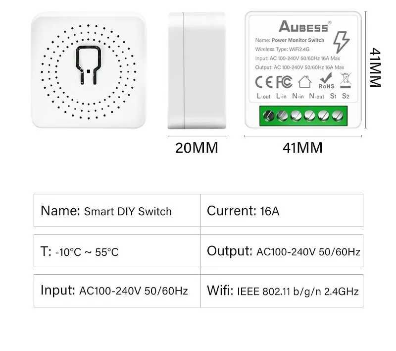 Intrerupator/releu mini programabil Wifi, contor consum energie, 16A