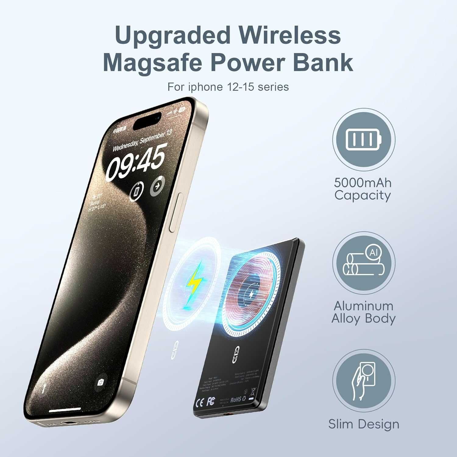NOHON Mag-safe Power Bank Wireless: 5000mAh 8MM ултра-тънка