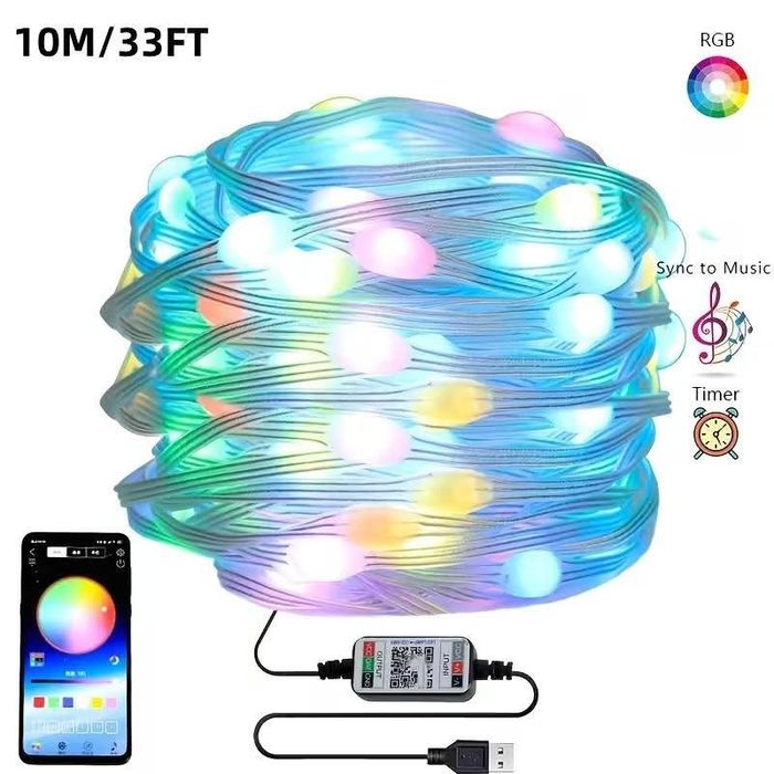 RGB лампички 15метра за елха, домашна коледна украса с управление, чре