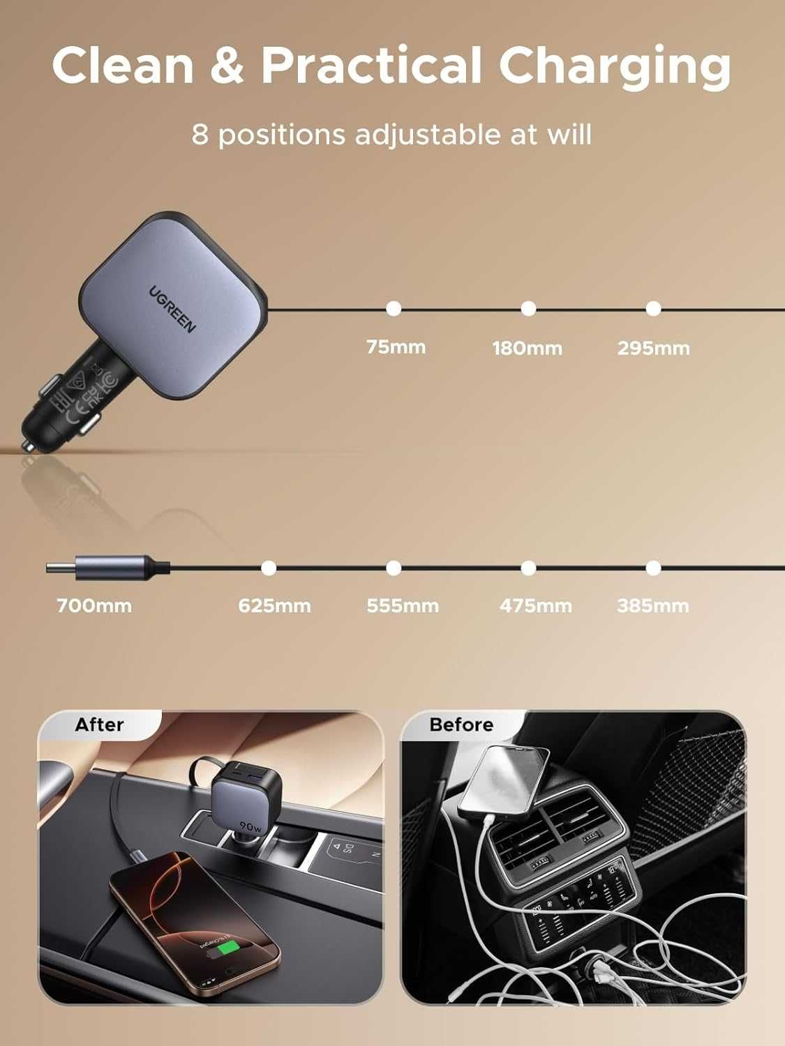 UGREEN 90W USB зарядно, с интегриран прибиращ се кабел
