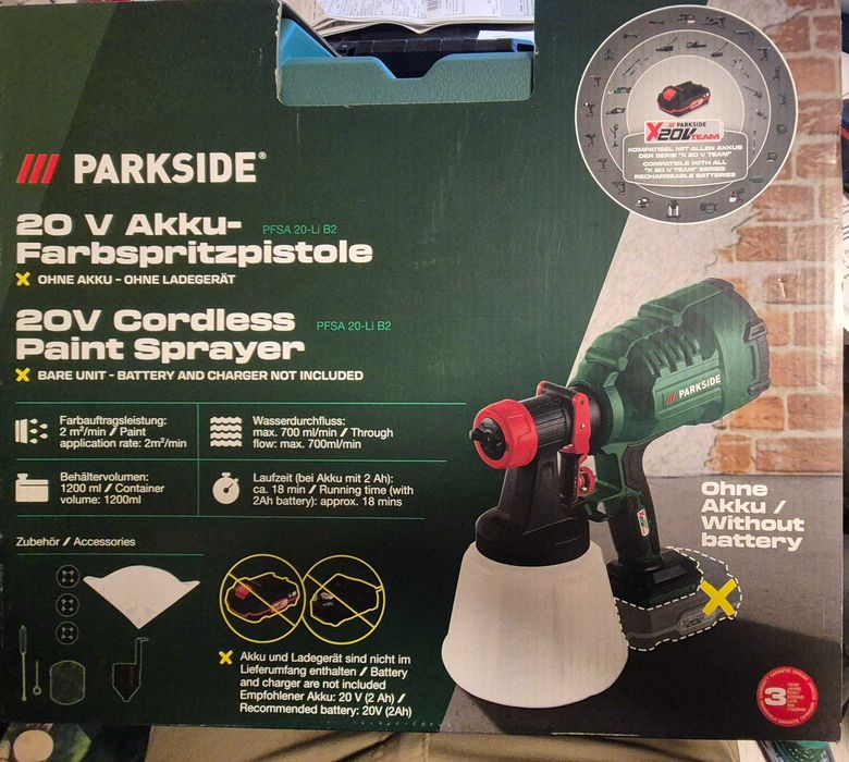 Parkside акумулаторен пистолет за боядисване, НОВ, гаранция