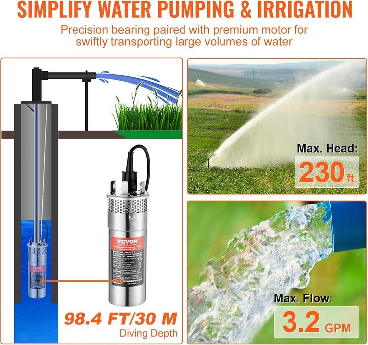 Pompă de apă solară VEVOR, 12 V DC 120 W pompă submersibilă puț adânc