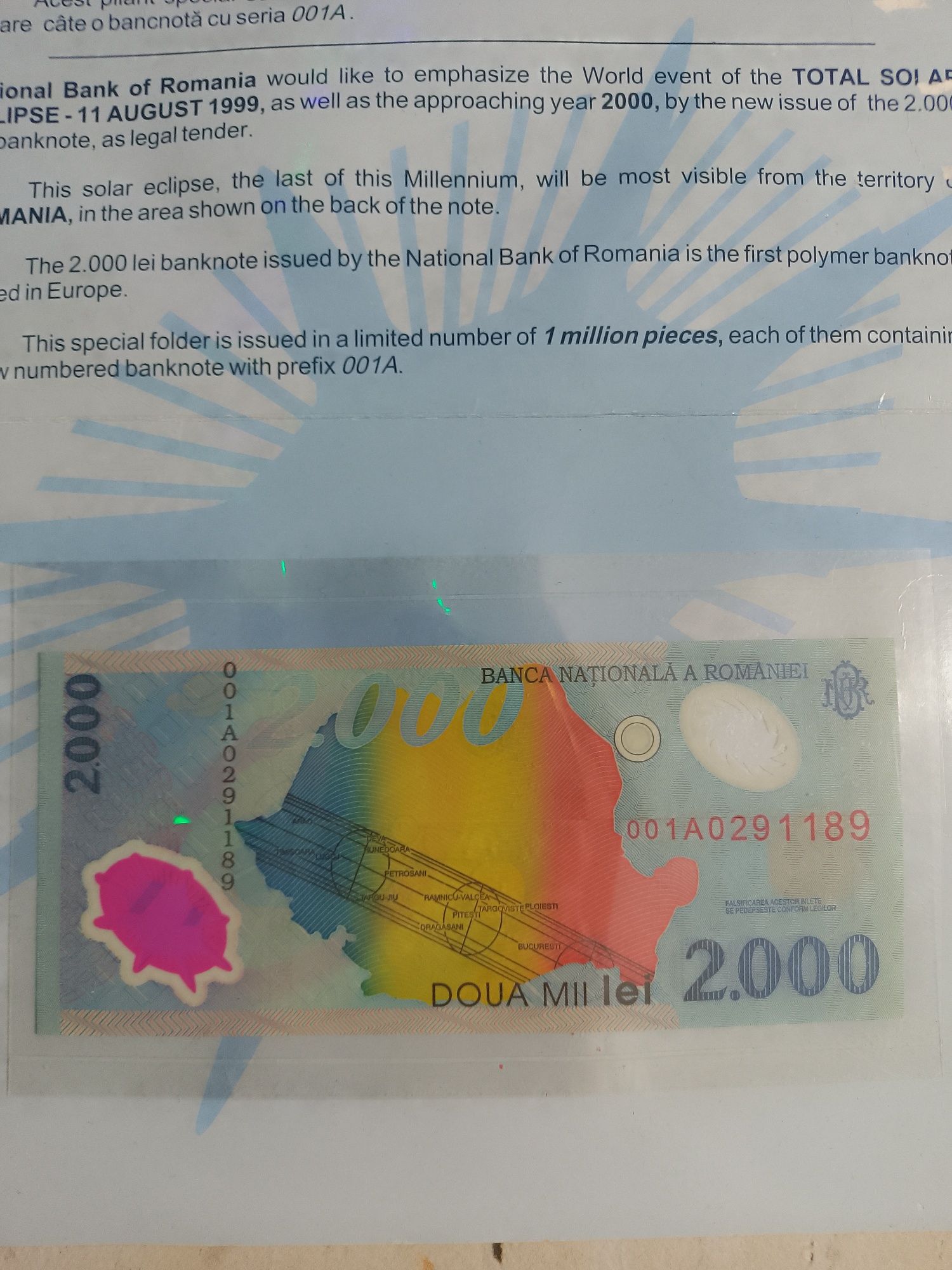 Bancnota 2000 lei Eclipsa 1999,ediție limitată ,seria 1A, nouă