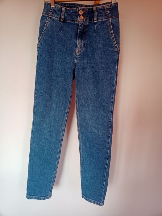 Jeans albastru bumbac, betelie înaltă