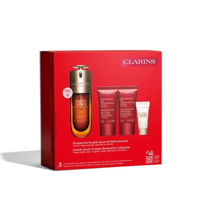 Подаръчен комплект двоен серум Clarins, възстановяващ крем и SOS крем
