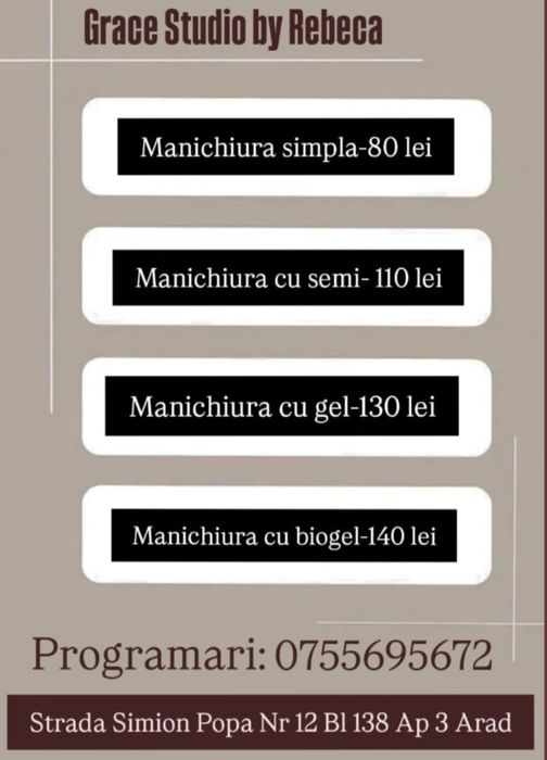 Grace Studio by Rebeca oferă servicii de manichiură în Arad