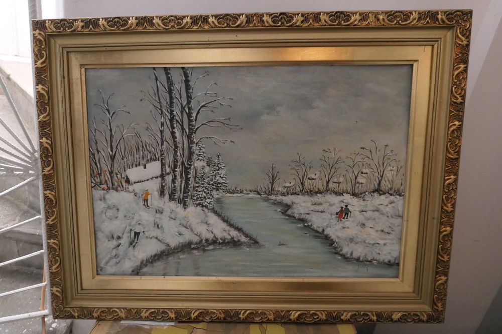 Tablou Peisaj de Iarna/ Casa Ulei pe Carton 70/50cm Semnat Rama Lemn