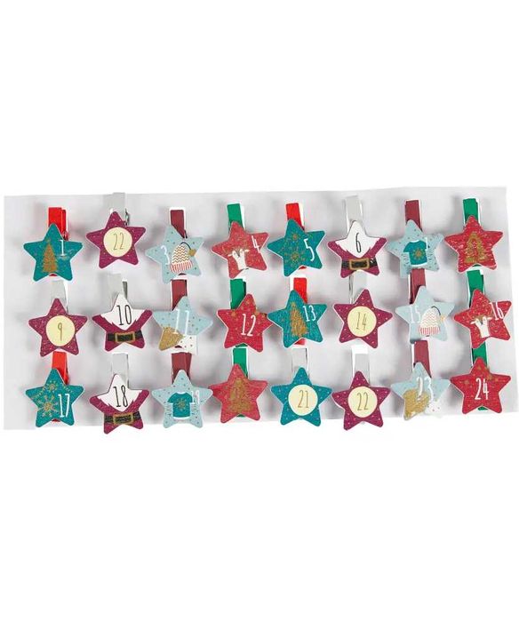 Коледен календар Комплект 24 дървени щипки за адвент календар 3 вида