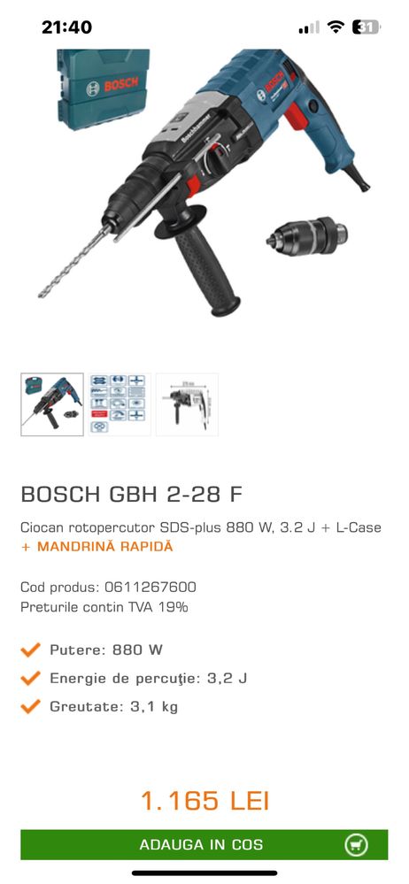 Bormasina Bosch GBH 2-28 F cu dalta si 3 burghie-Sigilata