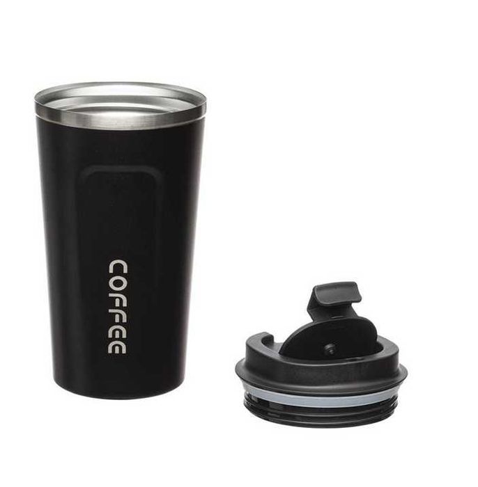 Термочаша Mercado Trade, С капак, За топли напитки, Метал, Черен