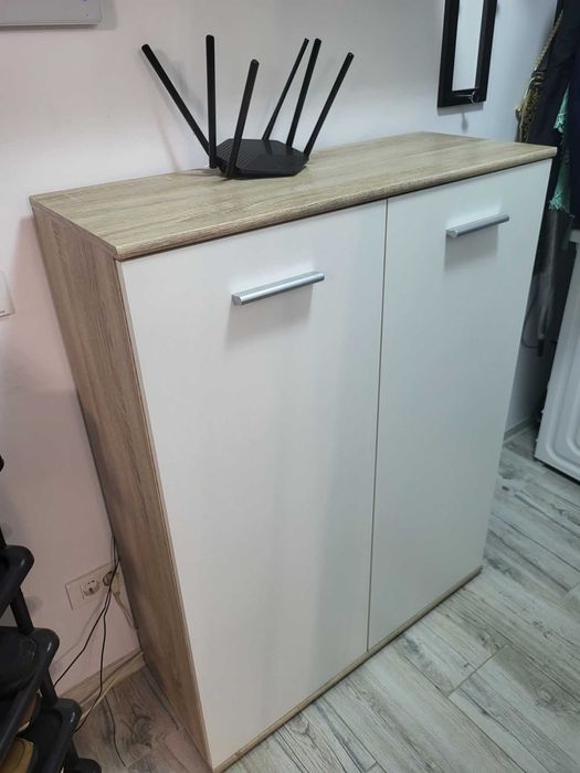 Pantofar alb și stejar, modern, 2 uși, 12 compartimente, 118 cm