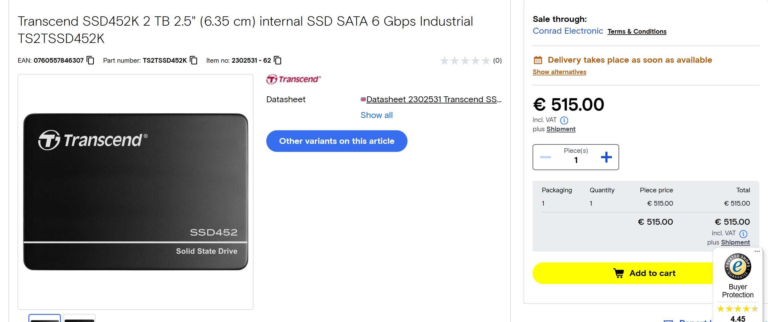 SSD Profesional/Industrial Transcend TS2TSSD452K 2TB (2000GB)
