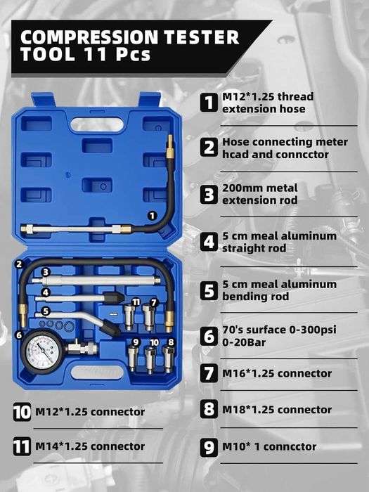 Комплект тестер за компресия бензинови двигатели 0–300 PSI
