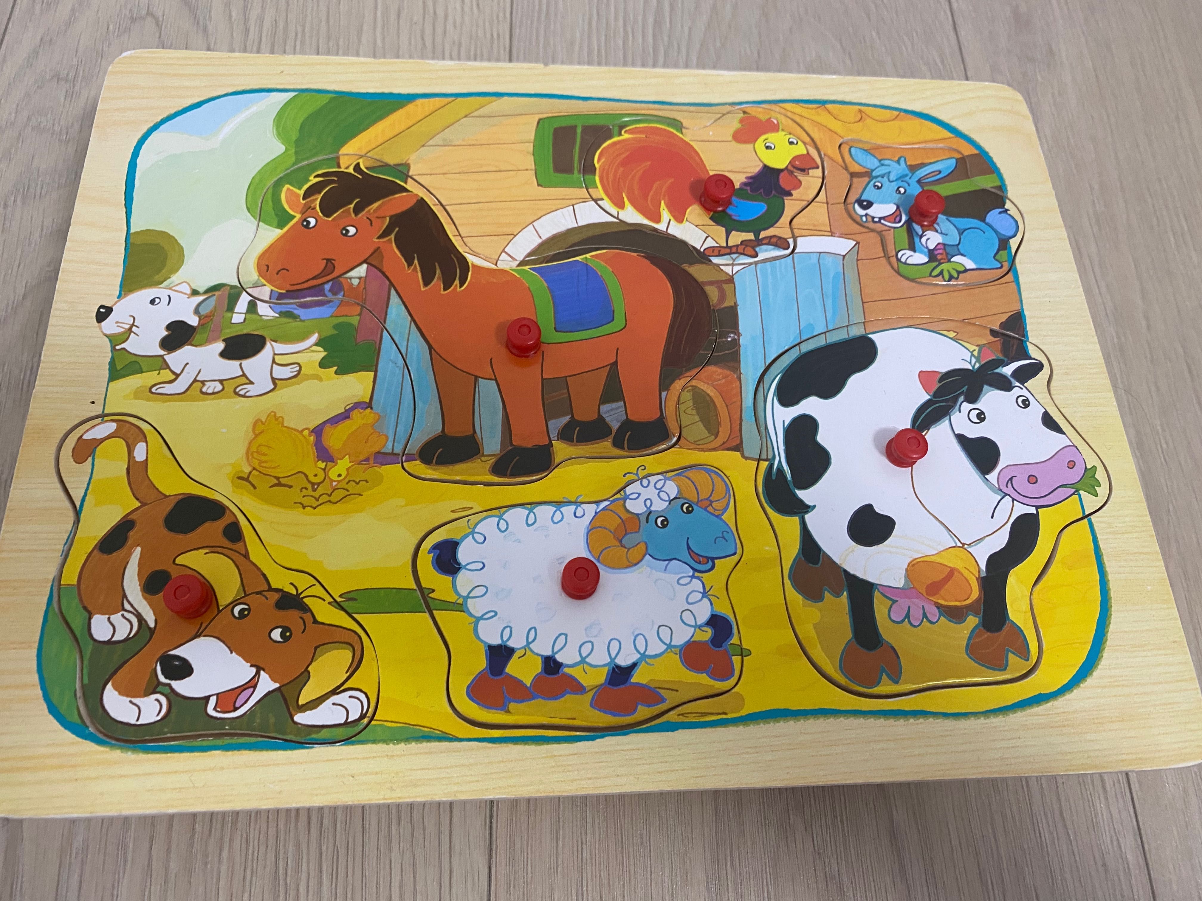 Vând puzzle lemn cu maner/buton fructe, masini și animale ,