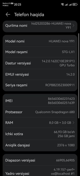 Huawe y91 Xotira 8/256 xolati yaxshi karopka dokumenti bor.