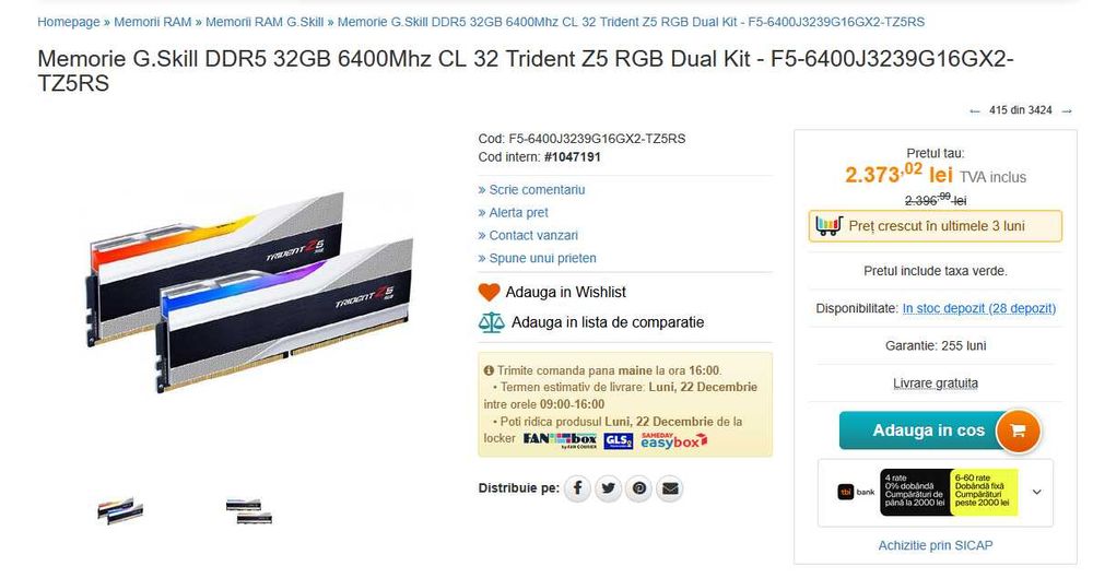 Memorie RAM G.SKILL Trident Z5 RGB 32GB DDR5 6400MHz CL32