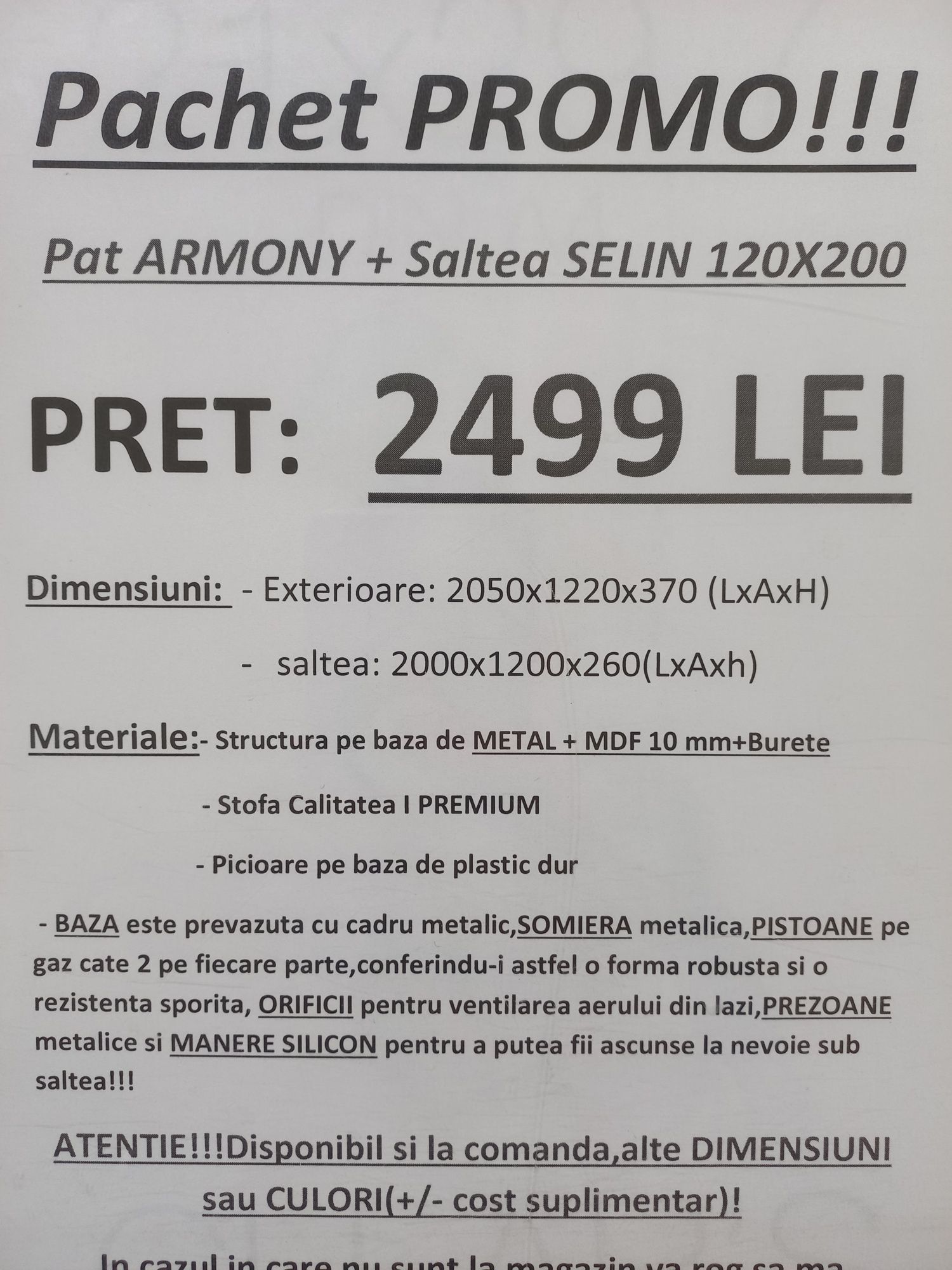 Pat Tapitat SERRA+Saltea 120x200 Cadru+somiere metalice