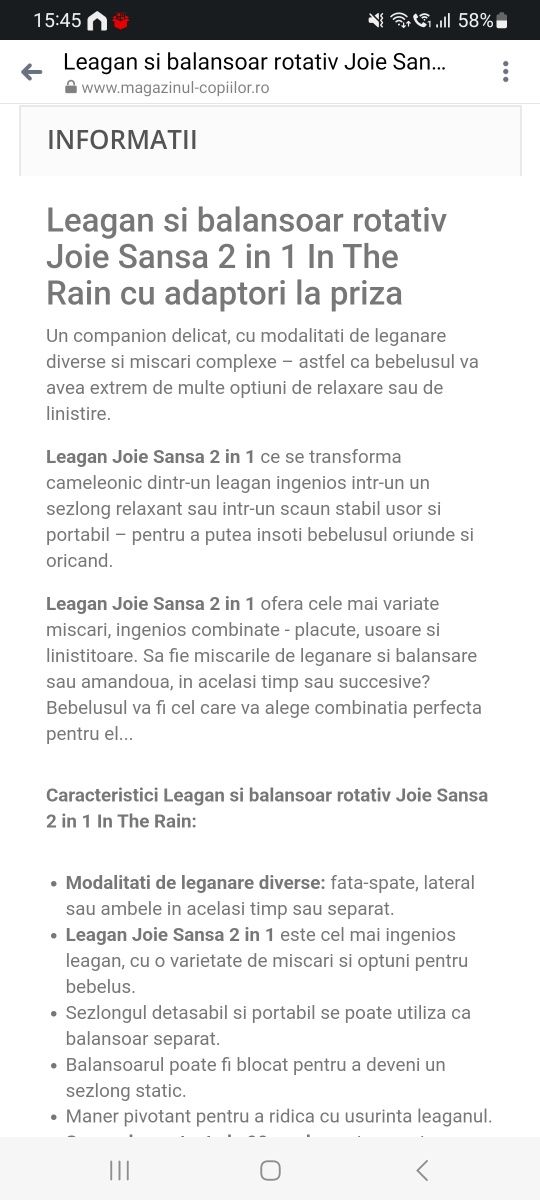 Vând leagan și balansoar rotativ Joie Sansa 2 în 1 In The Rain