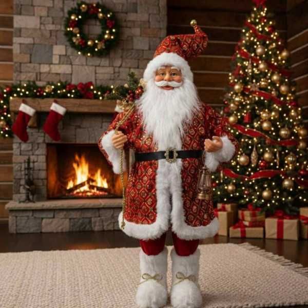 Декоративна фигура на Дядо Коледа с пухкав червен кожух и фенер