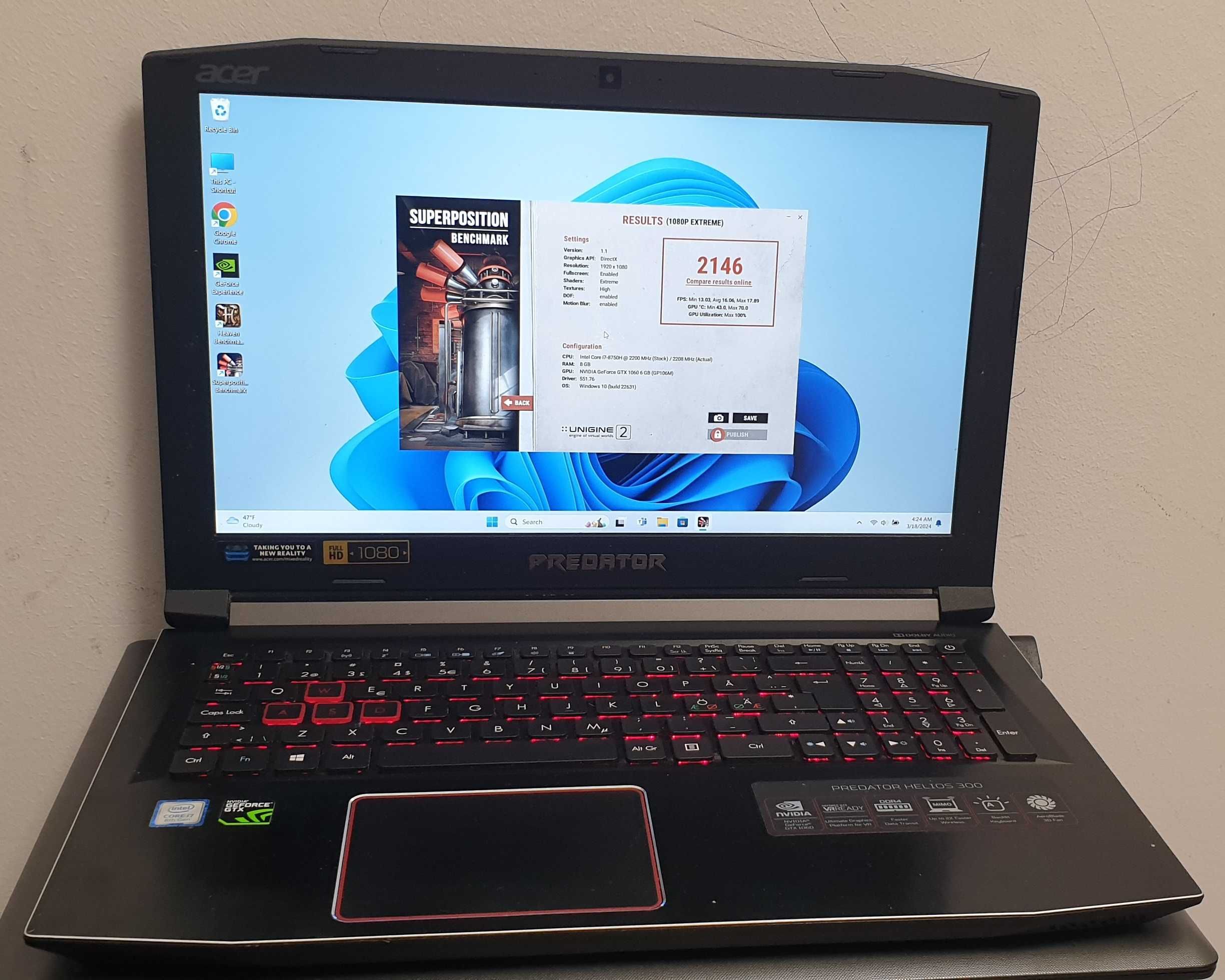 laptop gaming15.6" acer predator helios 300 i7 8750h gtx 1060 6gb