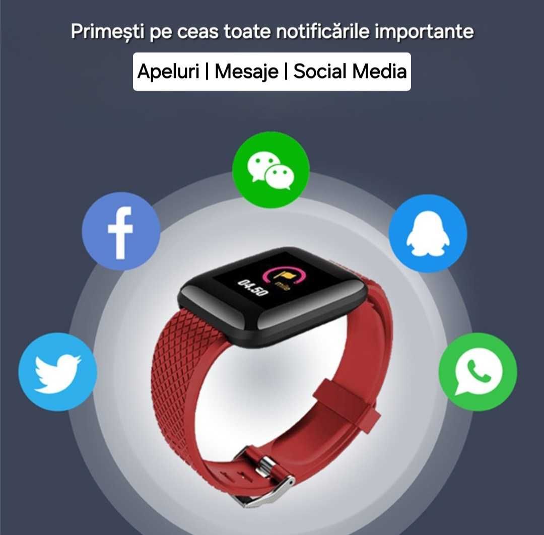 Set smartwatch pătrat+2curele: Roșu-Negru. Apeluri/mesaje/notificări
