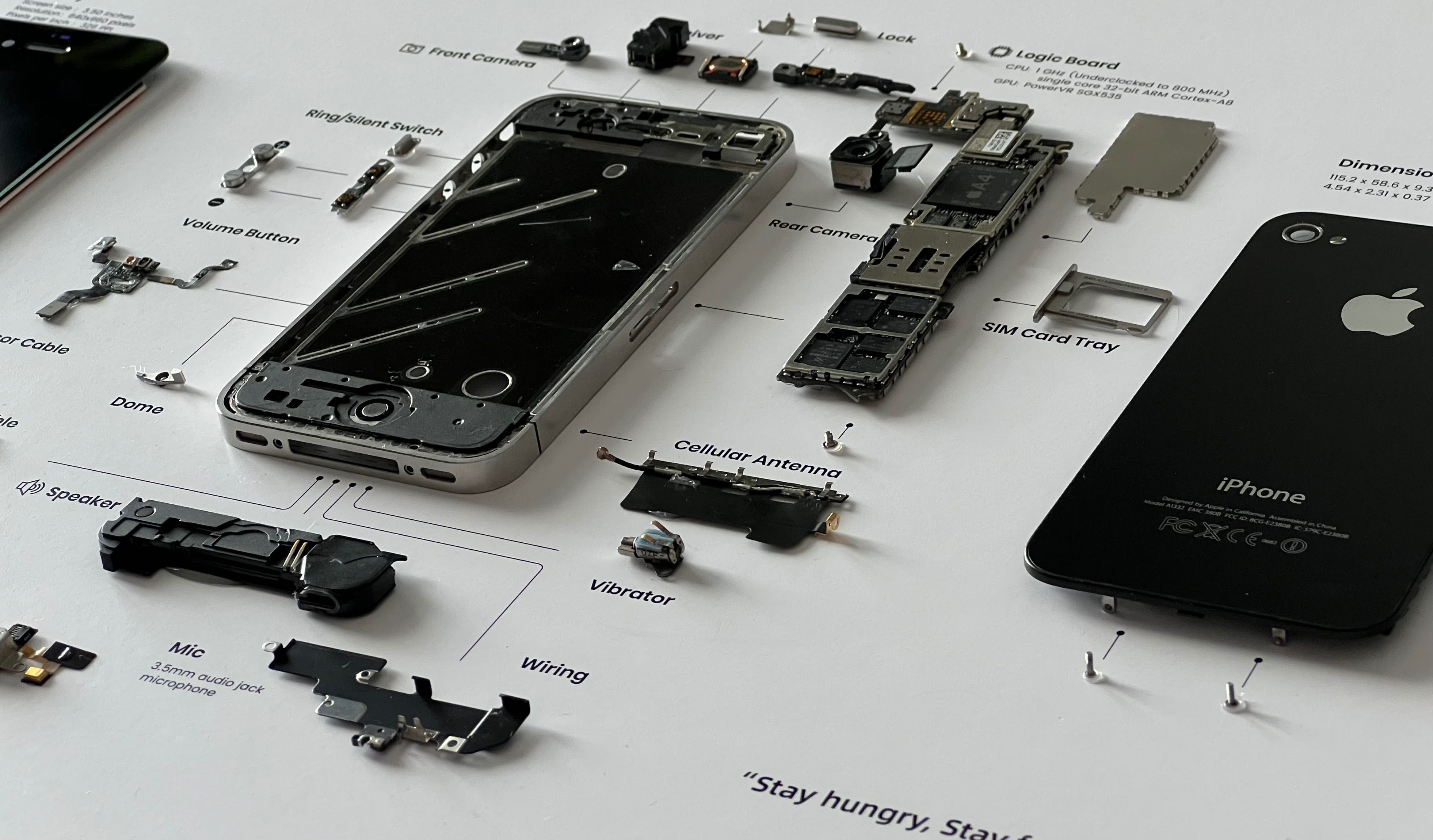 iPhone 4 piese deconstruit in rama - cadou framed retro art work