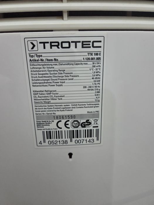 Vand Dezumidificator Trotec TTK 100 E, 30 litri/zi, 220mc/ora
