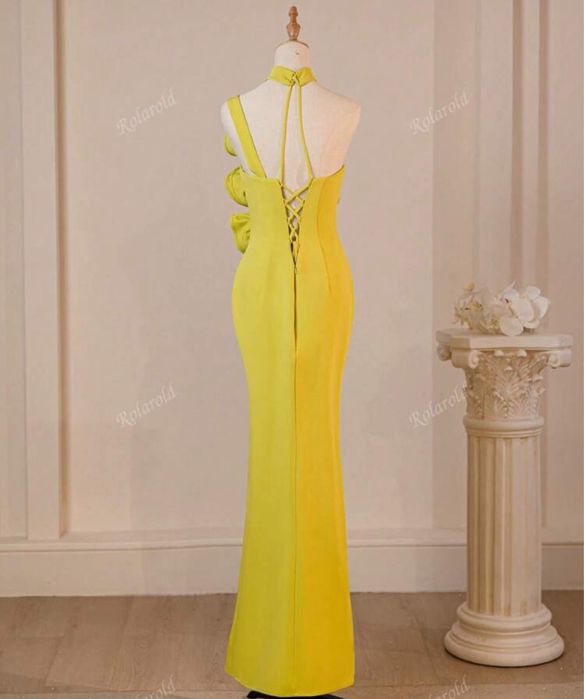 Rochie Verde Gălbui cu corset fara maneci si trandafiri