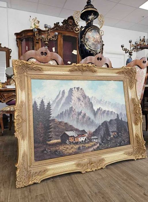 Tablou deosebit, pictat în ulei  reprezentând un peisaj montan alpin,