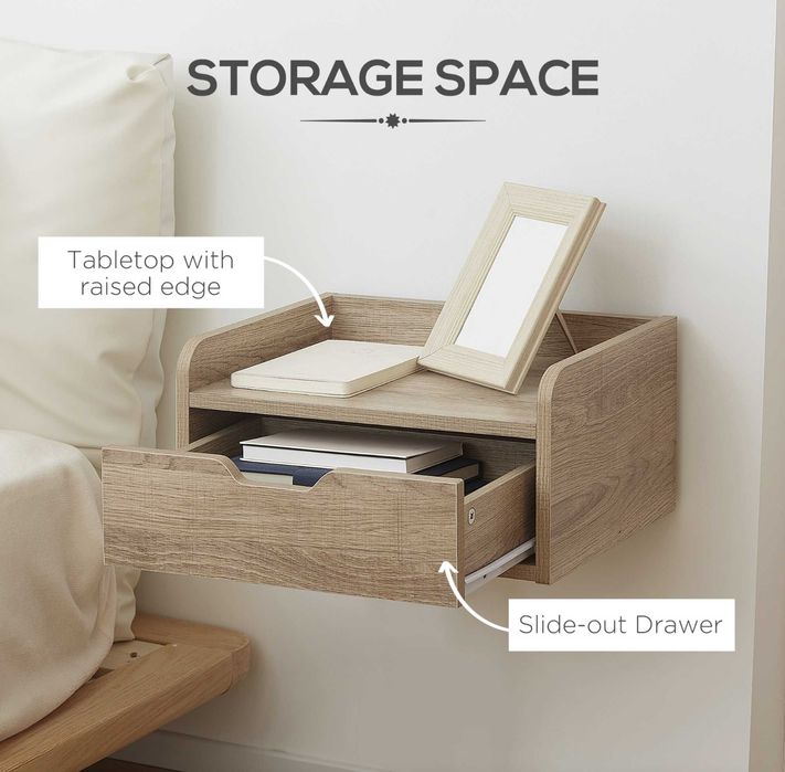 Set 2 noptiere suspendate HomCom stejar, 40x30x20cm, sigilate