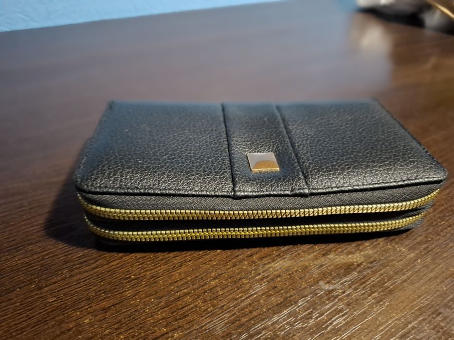 Portofel Dama / Unisex Negru Compact cu Două Fermoare Aurii