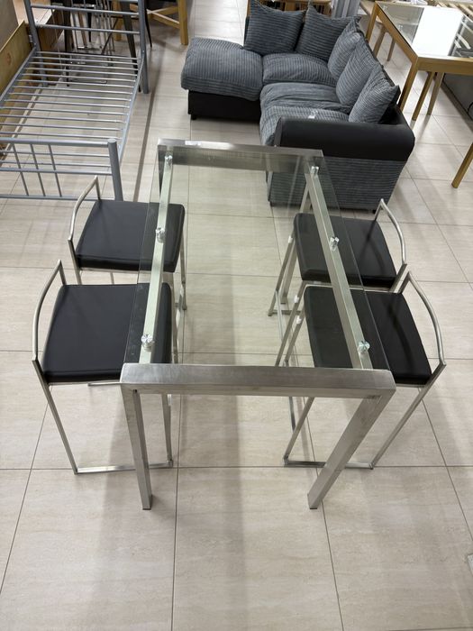 Set masă de bar din oțel inoxidabil cu 4 scaune incluse