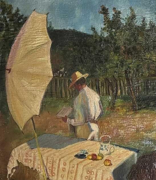 ”În grădină” Toblou foarte VECHI, ulei/cart, semnat, 60x50cm+rama