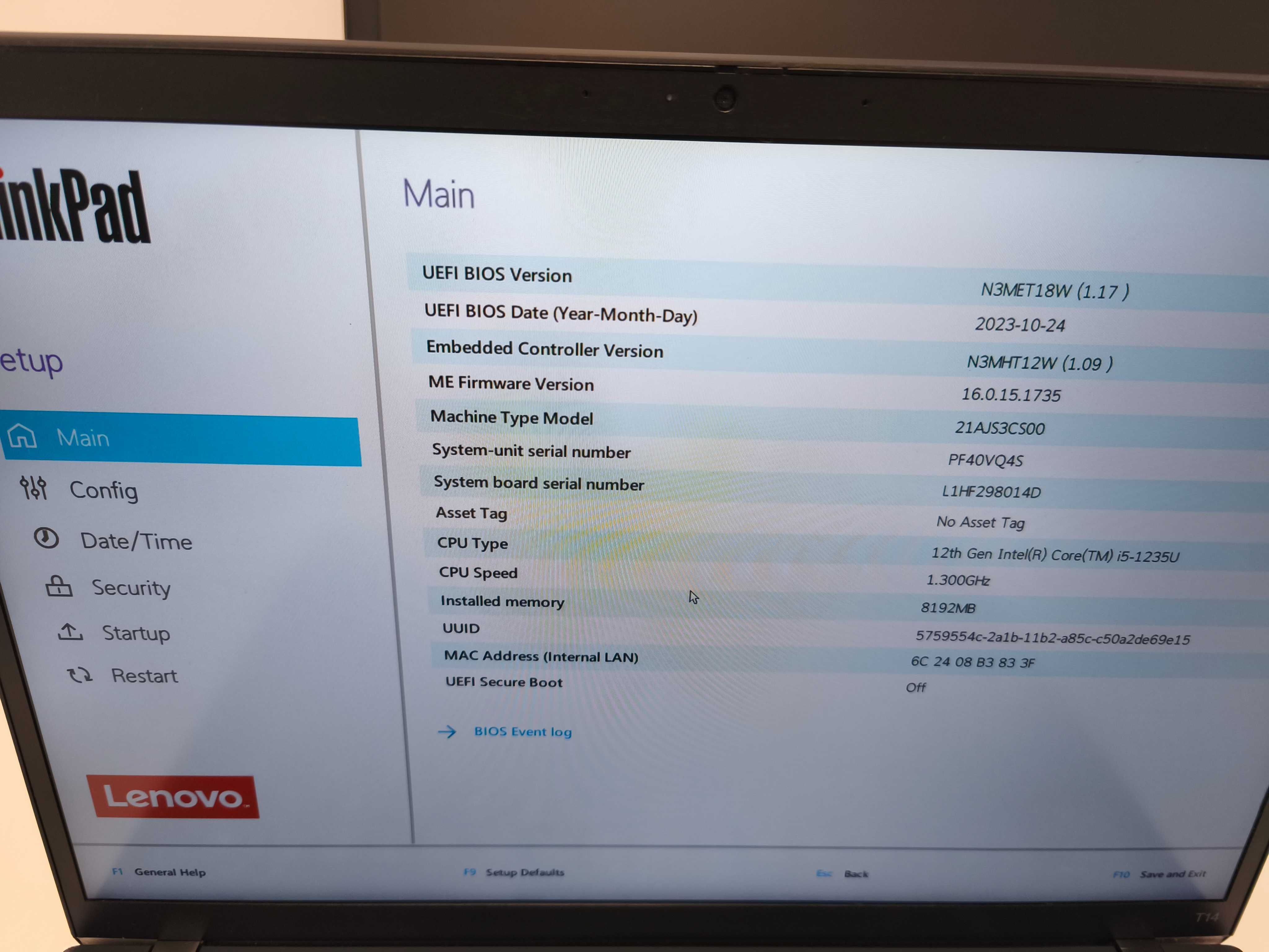 Laptop Lenovo Thinkpad T14 gen3 i5 1235u 8gb ram ssd 256gb