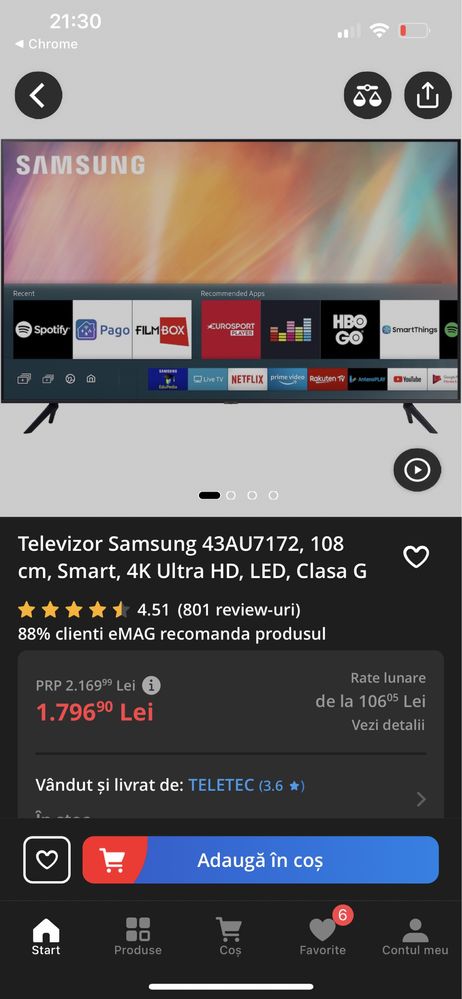 Televizor Samsung 43AU7172, 108 cm, Smart, 4K Ultra HD, LED, Clasa G