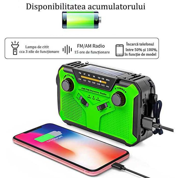 Radio Portabil Camping, cu Incarcare Solara, Baterie 4000 mAh
