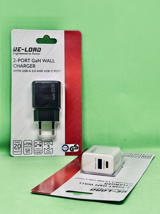 Încarcator rapid RE-LOAD (1 x USB-A 3.0, 1 x USB-C) 20W, NEGRU si ALB