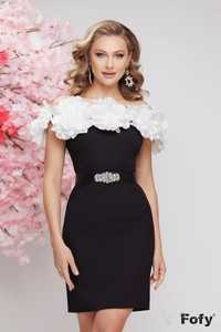 rochie de ocazie neagra premium cu aplicatii florale albe si curea cu