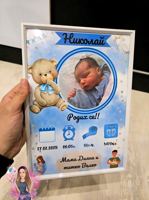 ~Бебешка Визитка с данни от раждането~ в Рамка~За момиче и момче ~