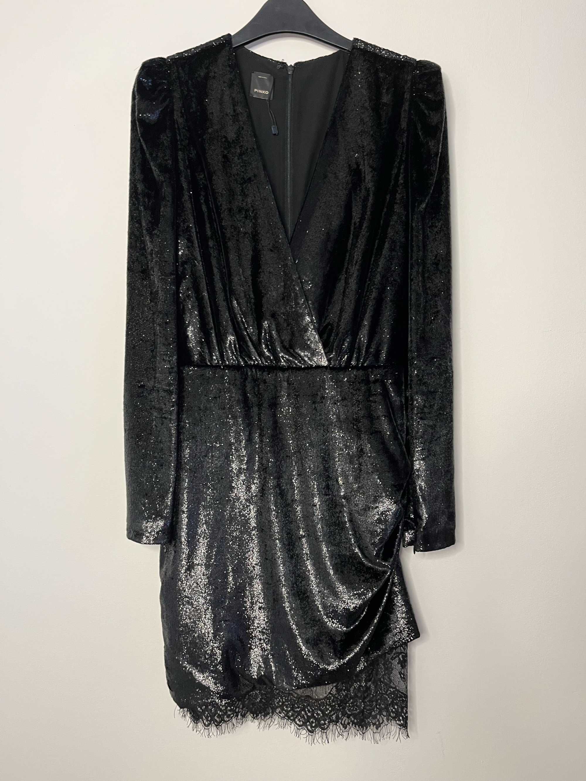 Pinko къса черна блестяща рокля с дълъг ръкав, размер S/EU36, НОВА