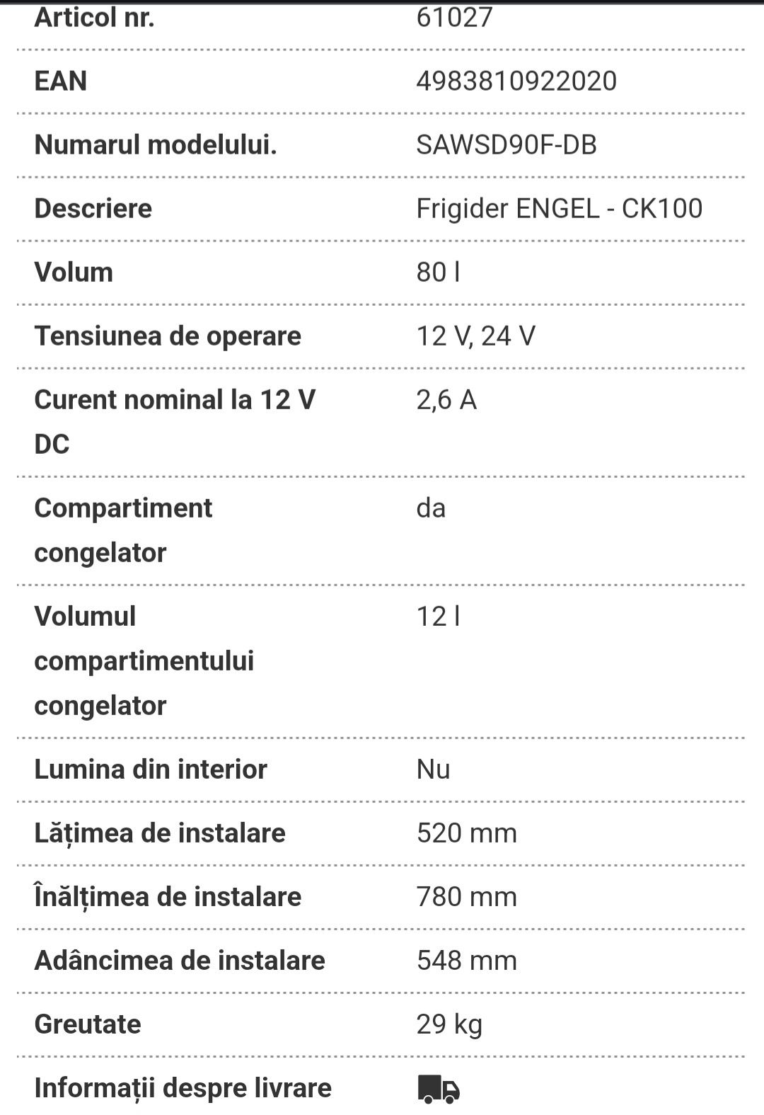 Frigider rulota  Engels compresor 12V 92 litri
