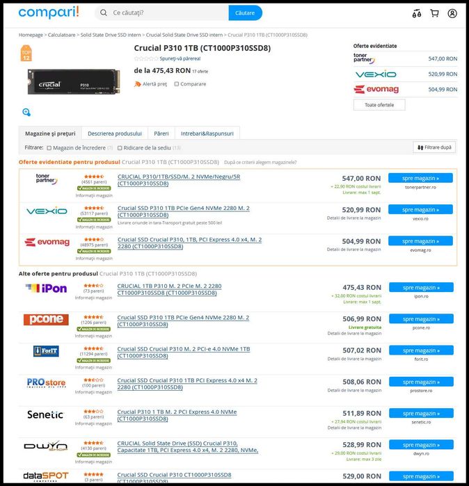 1TB SSD M.2 NVMe Crucial P310 PCI Express 4.0 x4 Sigilat 7100 MB/s