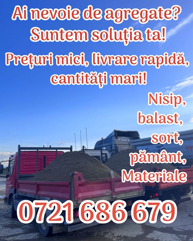 Transport nisip, materiale, piatra de cariera, pamant, agregate, moloz