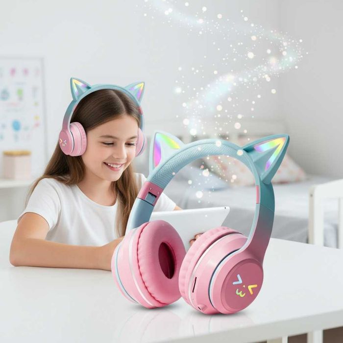 Casti Wireless Copii, VALA V35C, cu urechi de pisica si luminite, Roz