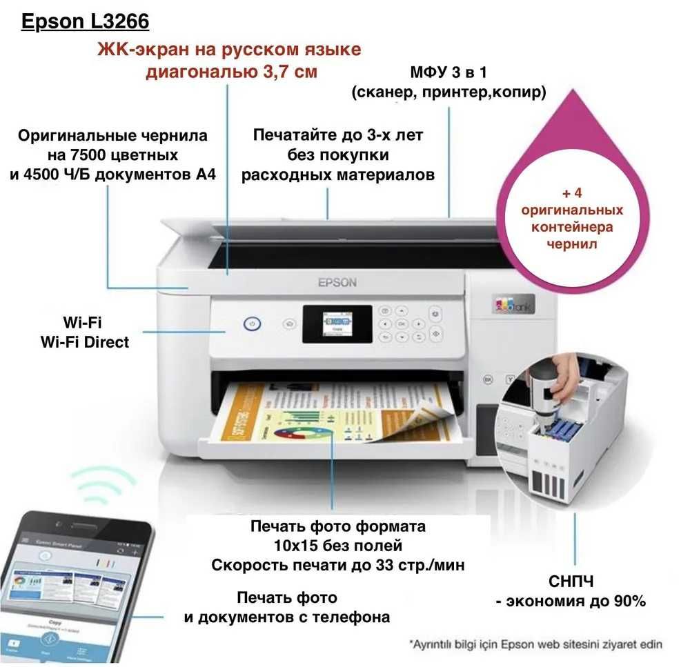 Epson МФУ Струйное L3266 Гарантия 12 месяцев, белый